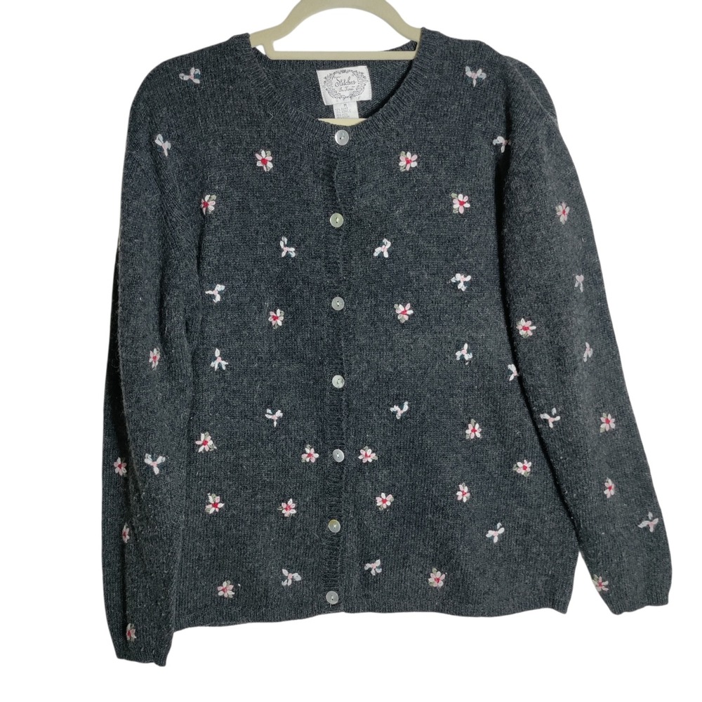 Stitches In Time Womens Gray Floral Embroidered Wool Blend Cardigan Sweater Med